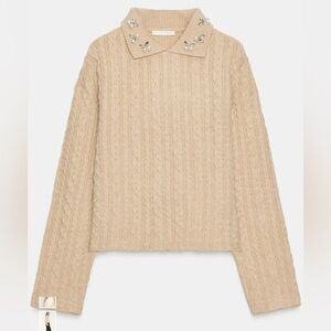 Zara Tan Embellished Cable Knit Sweater